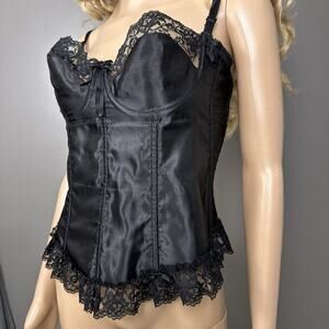 Vintage Empire Intimates Black Satin Lace Bustier Camisole Top Size Large 1616